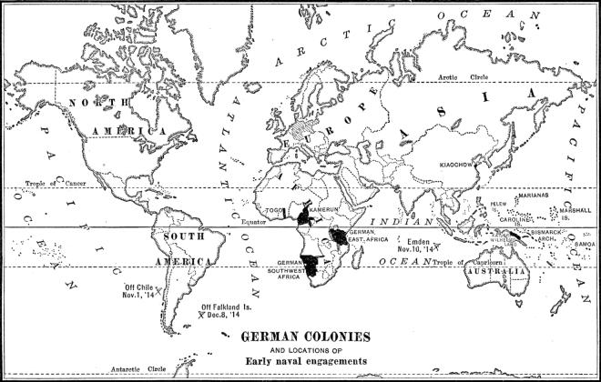 [German Colonies and Locations of Early naval engagements]